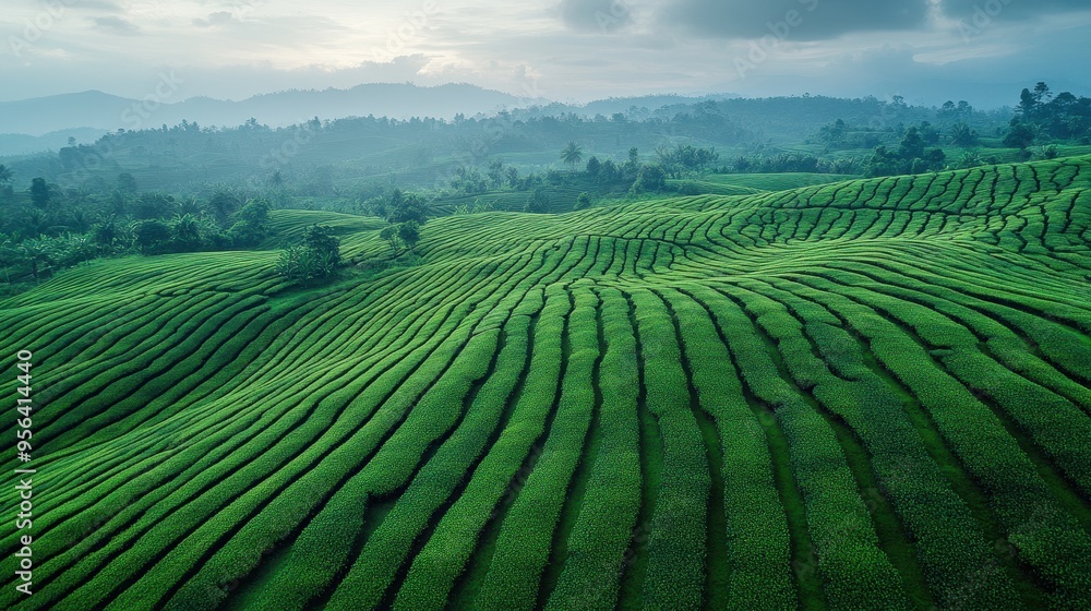 Lush Green Tea Plantations in Rolling Hills with Misty Mountains in the Background at Sunrise Lush Green Tea Plantations in Rolling Hills with Misty Mountains in the Background at Sunrise
