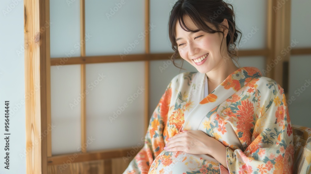 Radiant Japanese Expectant Mother Smiling and Caressing Baby Bump on Chair in Dreamy Photo Style Radiant Japanese Expectant Mother Smiling and Caressing Baby Bump on Chair in Dreamy Photo Style