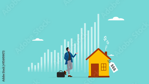 house investment, real estate price growth or mortgage calculation chart, buy or rent house decision, Housing price rising up, smart businessman property expertise presenting house pricing graph