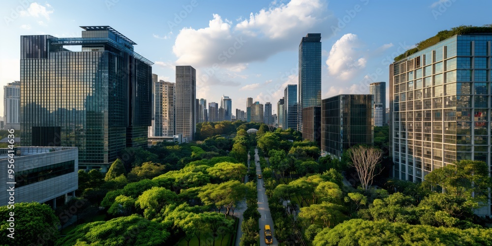 Fototapeta premium A dynamic cityscape showcasing tall skyscrapers, modern architecture, and lush green spaces in an urban setting. This blend of nature and city life represents sustainable living and urban planning.