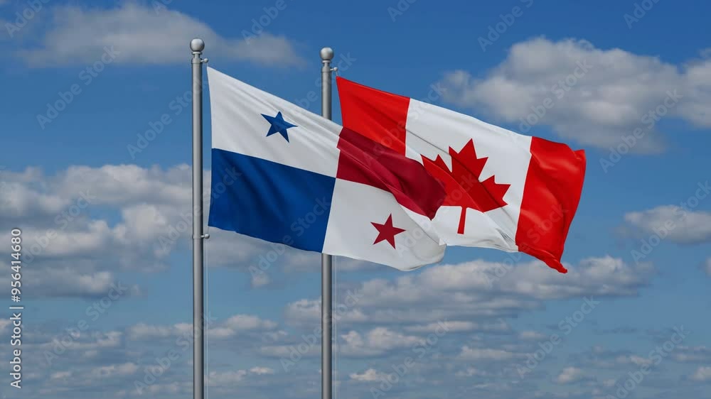 Canada and Panama flags flying together, video concept of the relationship, two country cooperation concept Canada and Panama flags flying together, video concept of the relationship, two country cooperation concept