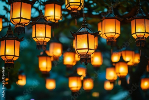 A large number of lanterns hanging in the air 