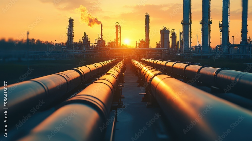 Industrial Oil Refinery at Sunset with Pipeline Infrastructure and Smokestacks in the Background Industrial Oil Refinery at Sunset with Pipeline Infrastructure and Smokestacks in the Background