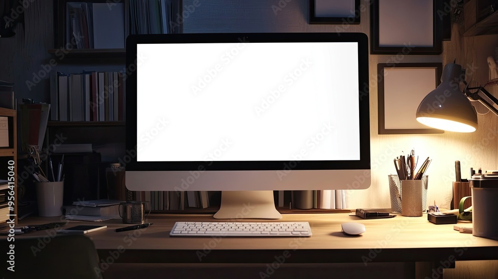 Computer with White-Screen Mockup and Office Supplies on a Desk: Office Desk with a Computer Displaying a White-Screen Mockup and Various Supplies Computer with White-Screen Mockup and Office Supplies on a Desk: Office Desk with a Computer Displaying a White-Screen Mockup and Various Supplies