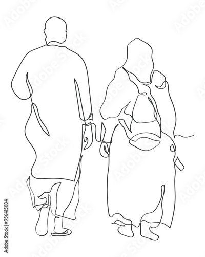 Hand drawn line art vector of a Pakistani Elderly couple walking together In the traditional dress. Pakistani Culture.