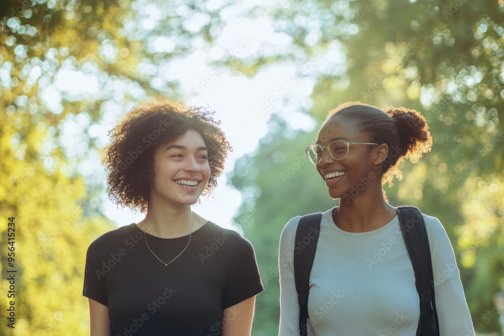 Two young women students are happily talking to each other while walking in a green park Two young women students are happily talking to each other while walking in a green park