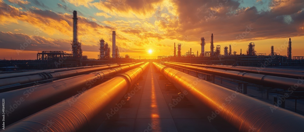 Industrial Oil Refinery at Sunset with Dramatic Sky and Endless Pipelines Leading to the Horizon Industrial Oil Refinery at Sunset with Dramatic Sky and Endless Pipelines Leading to the Horizon