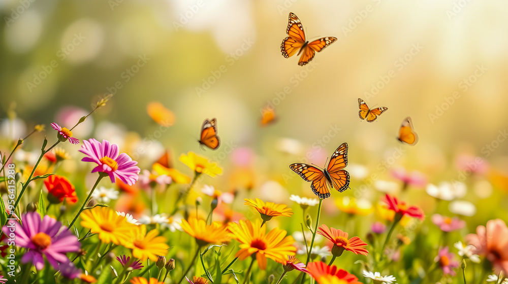 Beautiful flowers daisies in grass and butterfly in meadow in nature in rays of sunlight in spring summer closeup background. Picturesque enchanting natural floral field. Serene tranquil. AI generated Beautiful flowers daisies in grass and butterfly in meadow in nature in rays of sunlight in spring summer closeup background. Picturesque enchanting natural floral field. Serene tranquil. AI generated