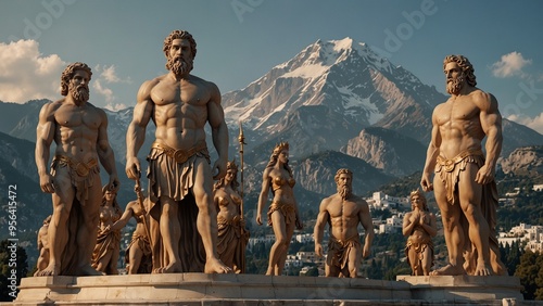 A group statue of the Olympian gods, with Zeus at the center surrounded by the other gods, set against the backdrop of the majestic Mount Olympus.