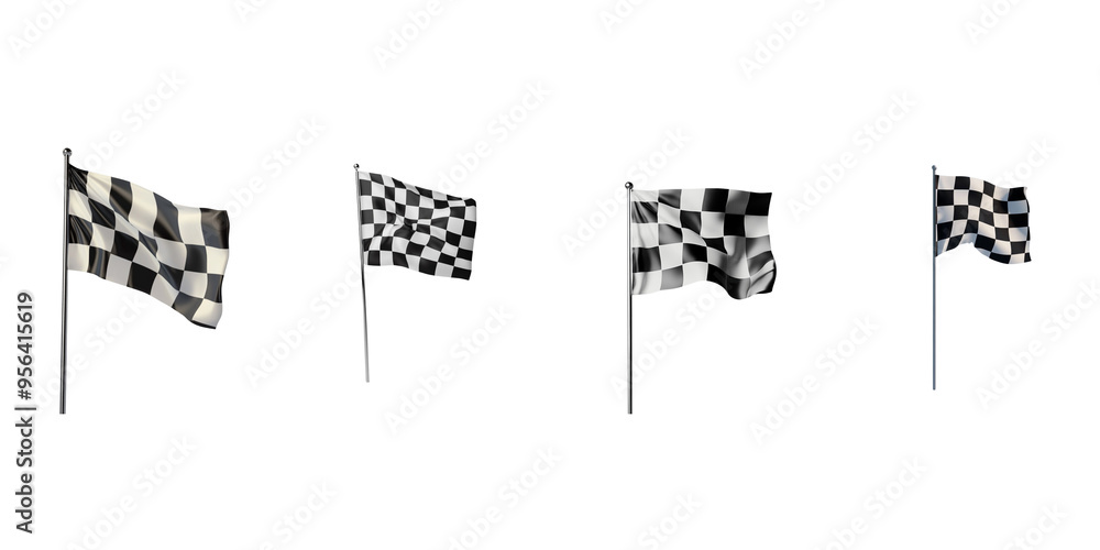 set of 3D render of a black and white checkered flag on a pole, isolated on a white background. set of 3D render of a black and white checkered flag on a pole, isolated on a white background.