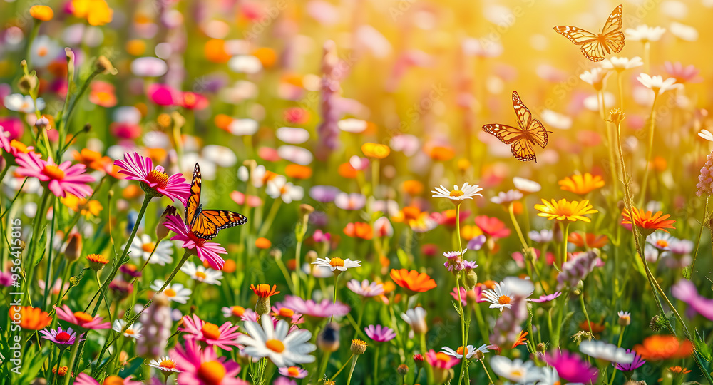 Beautiful flowers daisies in grass and butterfly in meadow in nature in rays of sunlight in spring summer closeup background. Picturesque enchanting natural floral field. Serene tranquil. AI generated Beautiful flowers daisies in grass and butterfly in meadow in nature in rays of sunlight in spring summer closeup background. Picturesque enchanting natural floral field. Serene tranquil. AI generated