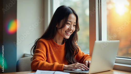 A young asian woman with long dark hair wearing an orange sweater, smiling and using a laptop computer near a window