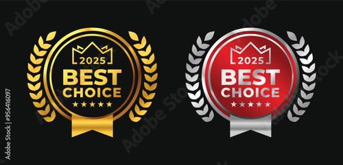 Best choice 2025 premium quality luxury gold vector label design element. Circle, ribbon, stars, laurel, red, silver frame isolated on black background