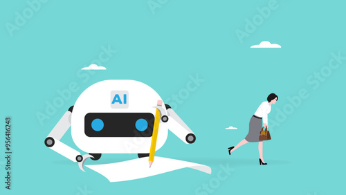 AI robot and businesswoman illustration with the concept of a human being who loses his job because he is replaced by an AI robot suitable for describe AI vs human, future replacement conflict