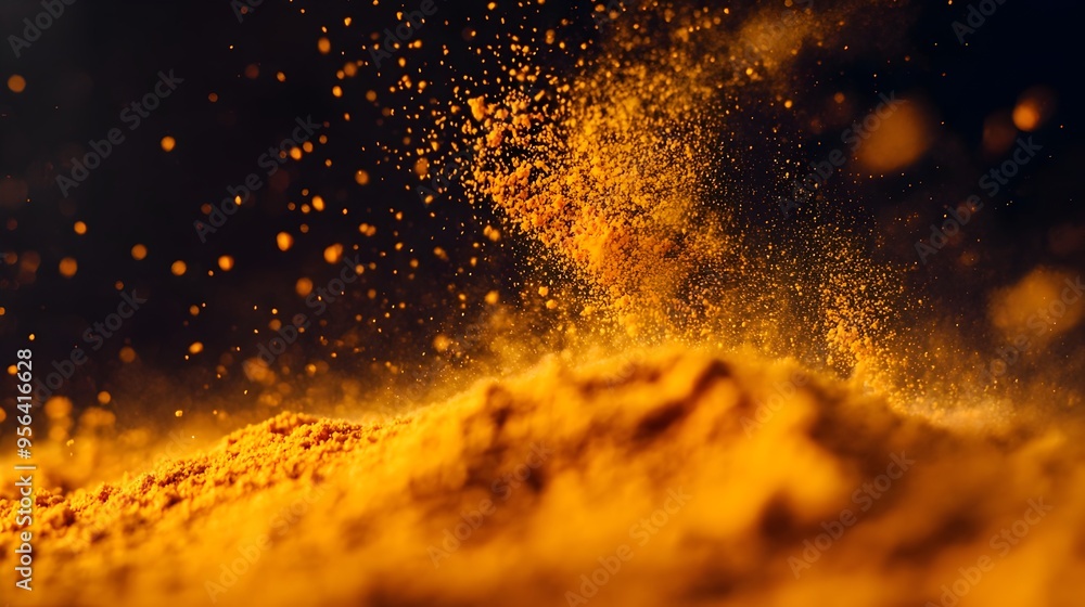 Captivating macro photography showcasing the vibrant and textured sprinkling of turmeric powder capturing the bright orange yellow color and natural beauty of this versatile culinary spice Captivating macro photography showcasing the vibrant and textured sprinkling of turmeric powder capturing the bright orange yellow color and natural beauty of this versatile culinary spice