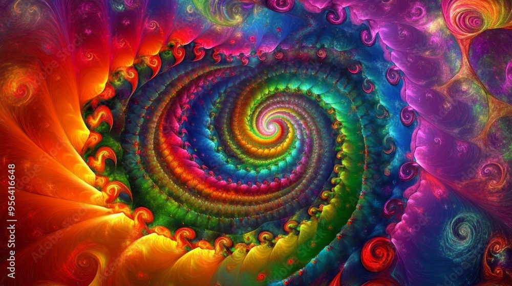 A psychedelic, colorful illustration of an infinite spiral staircase leading to the center of infinity. A psychedelic, colorful illustration of an infinite spiral staircase leading to the center of infinity.
