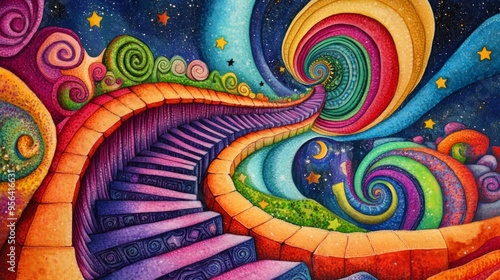 A psychedelic, colorful illustration of an infinite spiral staircase leading to the center of infinity. 