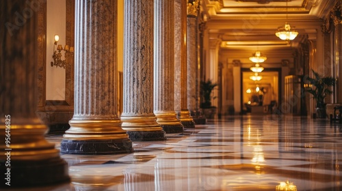 Decorative marble columns in a grand ballroom, with elaborate details and polished surfaces that shine in soft light.