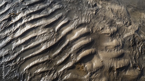 Delicate patterns of ripples and waves left in the sand after the tide recedes, capturing the beauty of nature. photo