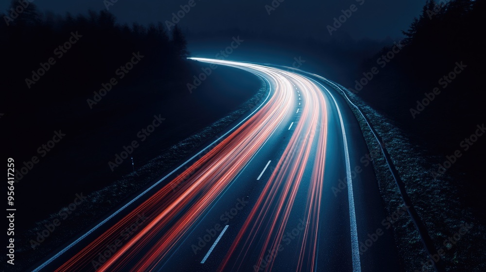 Dynamic light trails from car headlights on a dark road, captured with a long exposure to create a stunning motion effect. Dynamic light trails from car headlights on a dark road, captured with a long exposure to create a stunning motion effect.