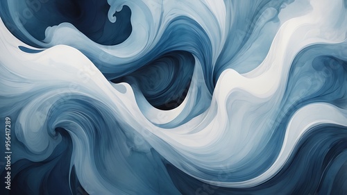 Fototapeta Naklejka Na Ścianę i Meble -  Abstract watercolor background of blue and white waves with random pattern, wavy liquid backdrop