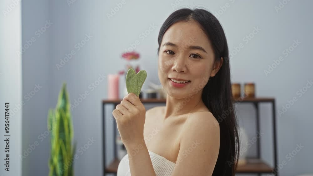 Woman holding green crystal heart, smiling, at spa, wellness center, indoors, standing, young adult, beautiful, attractive, chinese Woman holding green crystal heart, smiling, at spa, wellness center, indoors, standing, young adult, beautiful, attractive, chinese
