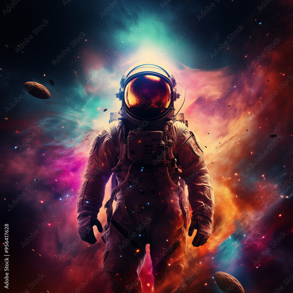 Astronaut Facing Colorful Cosmic Nebula in Space Astronaut Facing Colorful Cosmic Nebula in Space