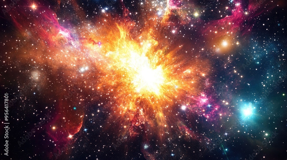 Flash of light in space, resembling a supernova explosion with vibrant colors and star clusters surrounding it. Flash of light in space, resembling a supernova explosion with vibrant colors and star clusters surrounding it.