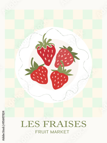 Les fraises - abstract fruit poster. Retro groovy strawberries on checkered background. Aesthetic contemporary print.