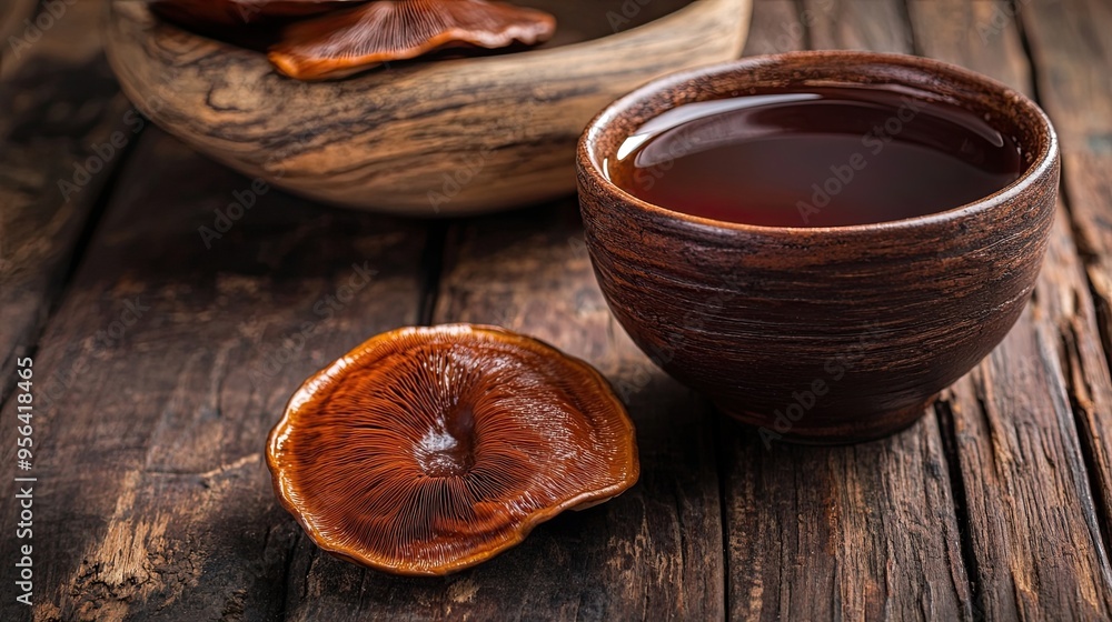 Cup of Reishi Tea and Fresh Lingzhi Mushroom on Dark Wooden Floor, Highlighting Traditional Herbal Remedies in a Rustic Setting Cup of Reishi Tea and Fresh Lingzhi Mushroom on Dark Wooden Floor, Highlighting Traditional Herbal Remedies in a Rustic Setting