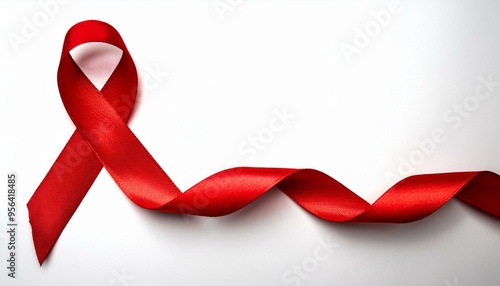 Closeup red ribbon HIV, world AIDS day awareness ribbon on white background. Healthcare and medicine concept.