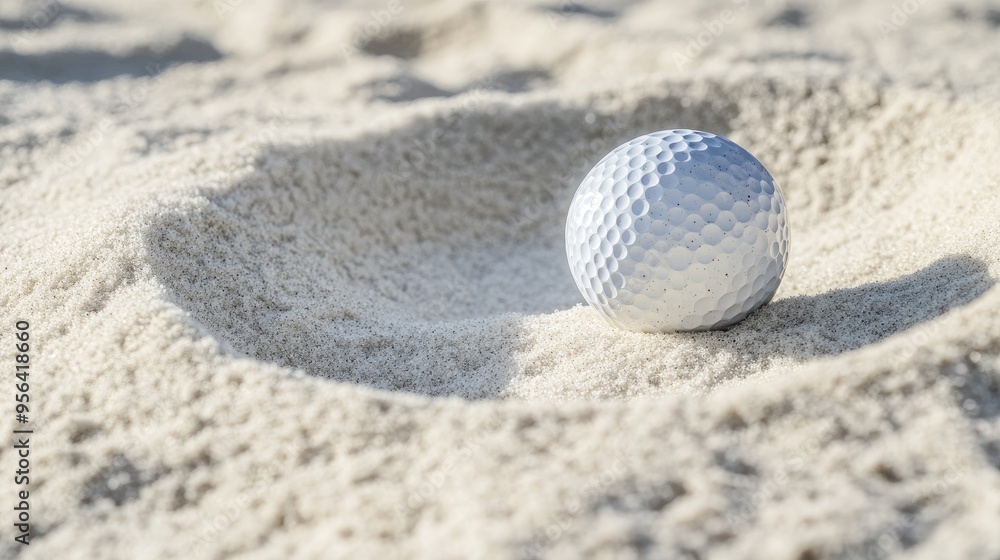 Golf ball in a bunker, surrounded by white sand, highlighting a challenging shot in the game of golf. Golf ball in a bunker, surrounded by white sand, highlighting a challenging shot in the game of golf.