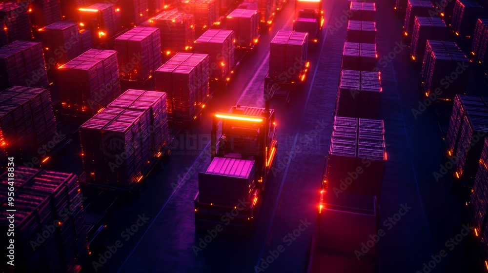 Aerial view of a large distribution center with rows of pallets, glowing AI-controlled forklifts moving goods, cyberpunk style, vibrant colors, digital rendering Aerial view of a large distribution center with rows of pallets, glowing AI-controlled forklifts moving goods, cyberpunk style, vibrant colors, digital rendering