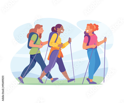 Good Company with Woman Friend Hiking with Pole Vector Illustration