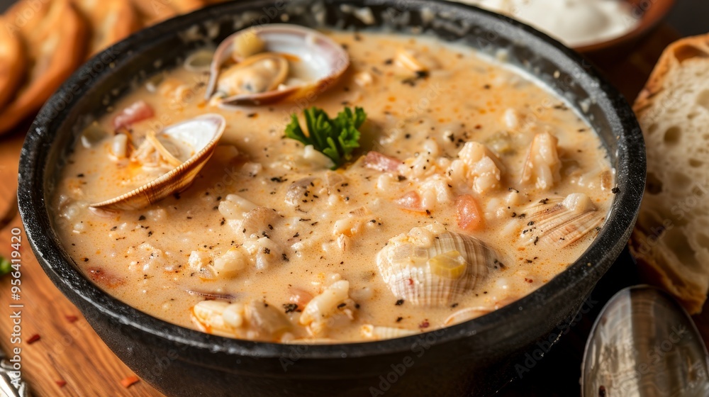 Close Up of a Bowl of Creamy Clam Chowder Garnished with Fresh Parsley and Crusty Bread Close Up of a Bowl of Creamy Clam Chowder Garnished with Fresh Parsley and Crusty Bread