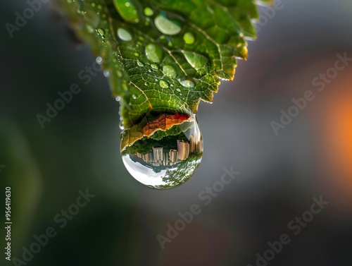 City Reflected in a Water Droplet on a Leaf photo