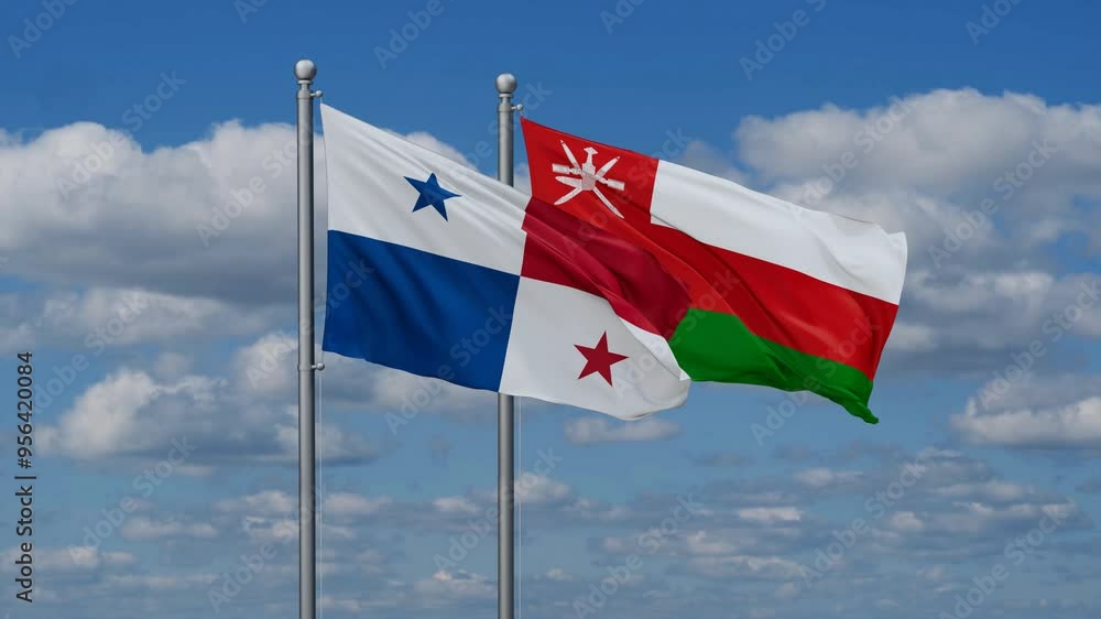 Oman and Panama flags flying together, video concept of the relationship, two country cooperation concept Oman and Panama flags flying together, video concept of the relationship, two country cooperation concept