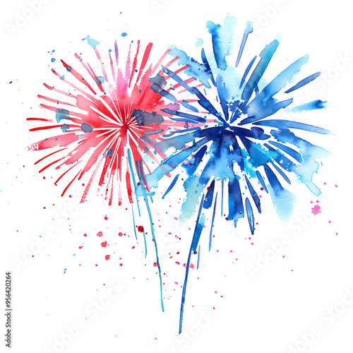Simple watercolor fireworks drawing. Blue and red firework explosions. Artistic aquarelle illustration on white background.