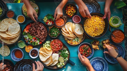 Friends home taco party Flatlay of Mexican traditional dishes Tacos with beef meat corn tortillas  tomato salsa and peoples hands with food over green background top view Mexican cuisi : Generative AI photo