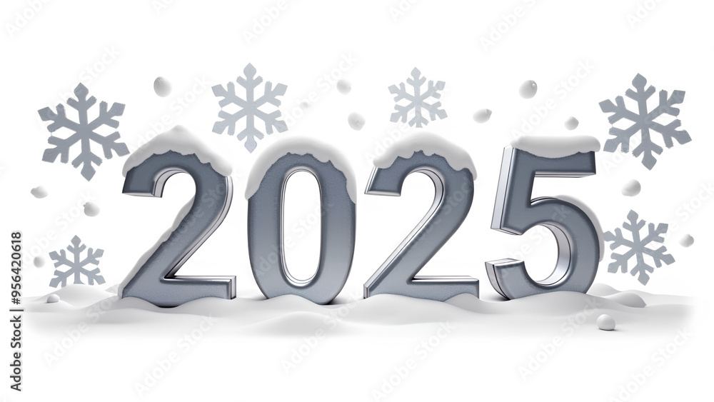 Shiny metallic 2025 numerals stand prominently among detailed frosty snowflakes on a white background Shiny metallic 2025 numerals stand prominently among detailed frosty snowflakes on a white background