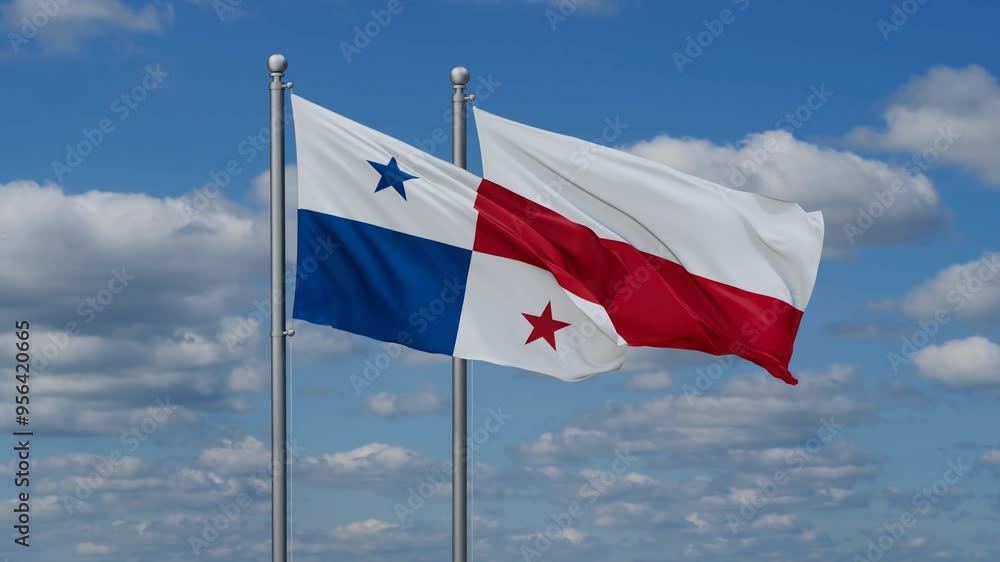 Poland and Panama flags flying together, video concept of the relationship, two country cooperation concept Poland and Panama flags flying together, video concept of the relationship, two country cooperation concept