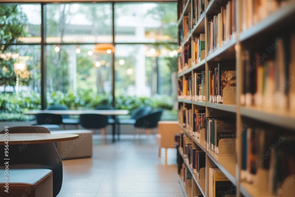 A serene library interior with shelves of books and cozy seating areas. A serene library interior with shelves of books and cozy seating areas.