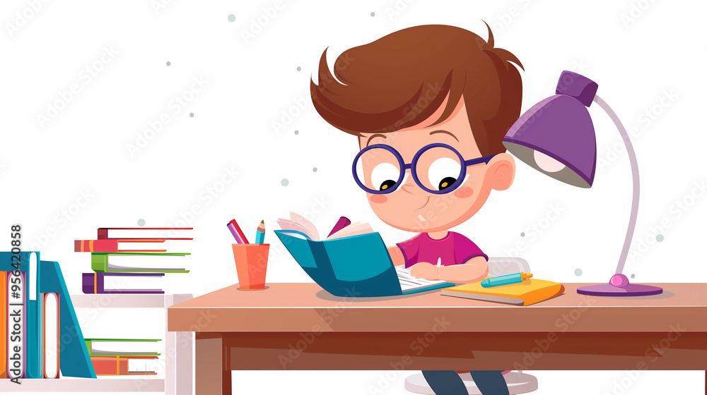 Back to school. Drawing of a boy sitting at a desk with books and a lamp, writing in a notebook, completing his homework. Back to school. Drawing of a boy sitting at a desk with books and a lamp, writing in a notebook, completing his homework.