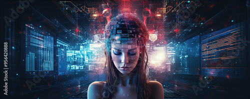 Artificial Intelligence. Woman using technology. Girl enter command prompt for generates dreams, Futuristic concept.