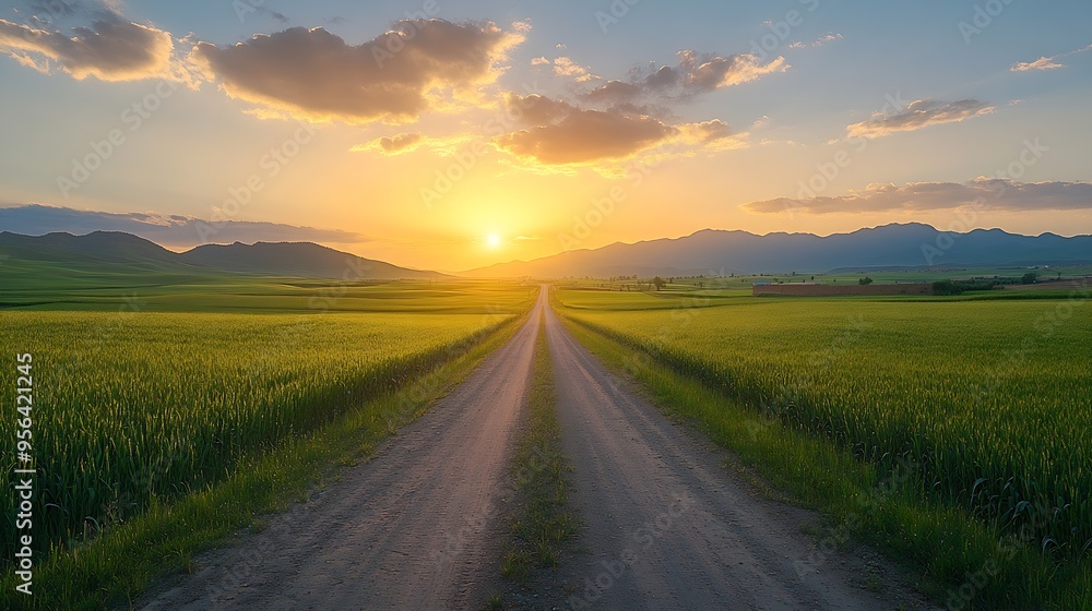 Fototapeta premium Straight country road and green farmland natural scenery at sunrise in Xinjiang China : Generative AI
