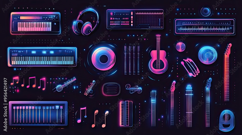 32. A set of graphic elements featuring different types of musical instruments, notes, and symbols. Dark background with metallic or neon accents for a bold and modern look. 32. A set of graphic elements featuring different types of musical instruments, notes, and symbols. Dark background with metallic or neon accents for a bold and modern look.