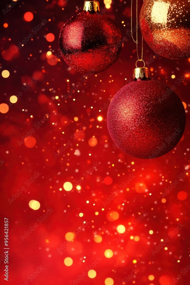 Red Christmas baubles hanging against a sparkling red background. Red Christmas baubles hanging against a sparkling red background.