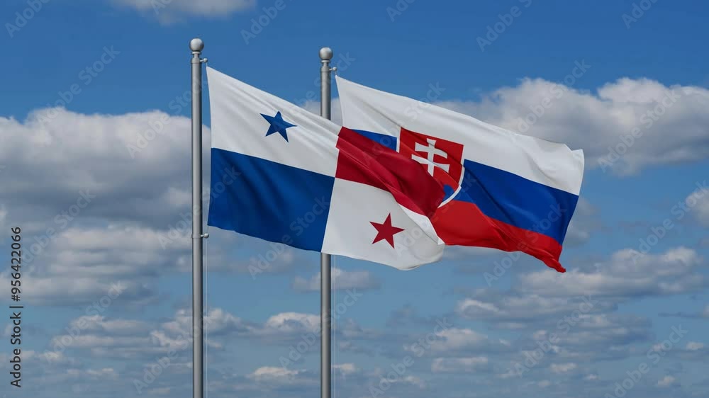Slovak Republic or Slovakia and Panama flags flying together, video concept of the relationship, two country cooperation concept Slovak Republic or Slovakia and Panama flags flying together, video concept of the relationship, two country cooperation concept