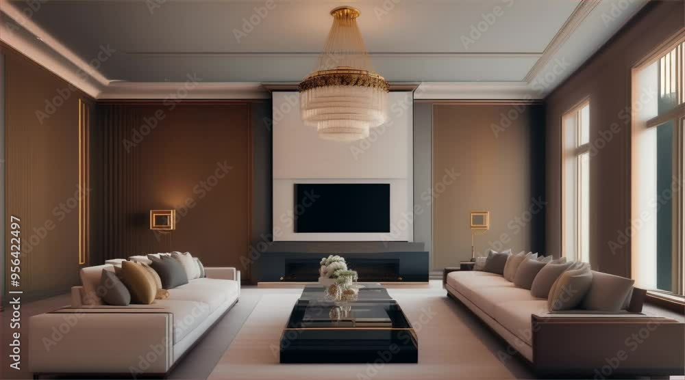 Beautiful and luxurious living room interior with a sofa, table, chandeliers, stylish furniture and elegant design. Beautiful and luxurious living room interior with a sofa, table, chandeliers, stylish furniture and elegant design.