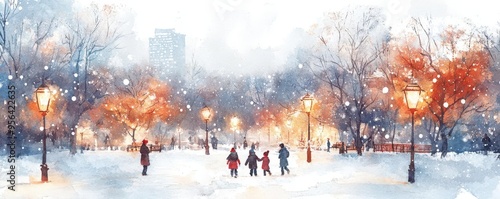 Snowy winter scene with red ornaments in trees and people walking.